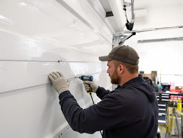 Kissimmee Garage Door Repair technician demonstrating precision dent removal techniques on a Kissimmee garage door